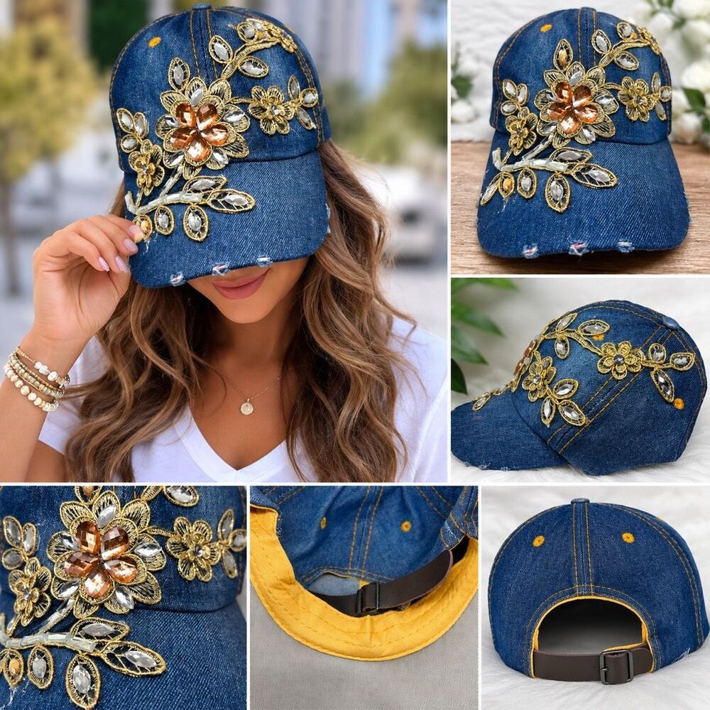 Floral Rhinestone Embellished Denim Baseball Cap Adjustable Hat NWT